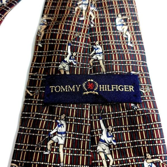 Tommy Hilfiger Green Red Tan Tennis Print Short Wide Silk Tie - Picture 3 of 7